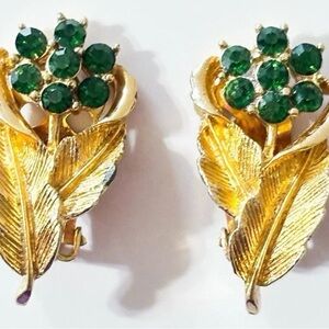 Vintage Coro Gold-Tone Leaf Earrings | Green Rhinestone Clips
